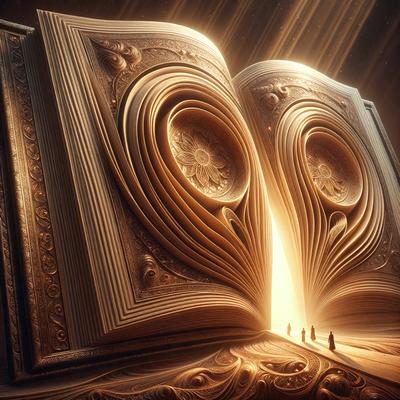The primary subject of the image is a large, intricately designed book with a wooden cover. The book is open, revealing its pages, and it appears to be a part of a larger scene. The setting is a pathway, with a group of people walking along it. The visual style of the image is a combination of photo and digital art, creating a unique and captivating scene. The colors and mood of the image are warm and inviting, with the book and the people creating a sense of wonder and exploration